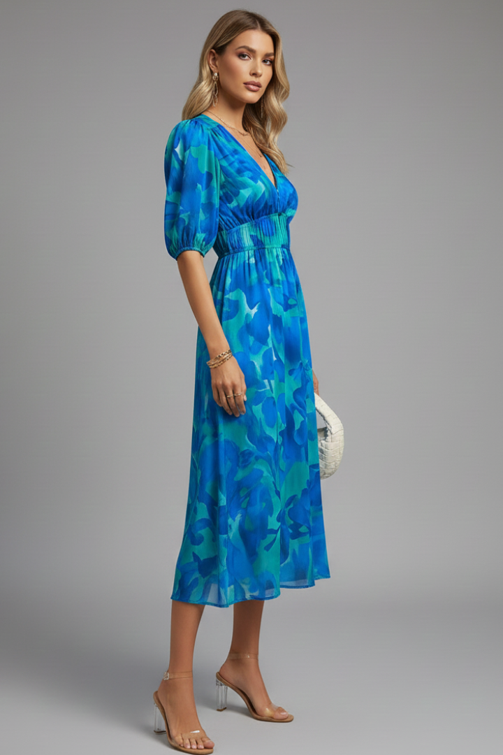 Bianca | Dames Bloemen Puff Sleeve V-Hals Midi Jurk