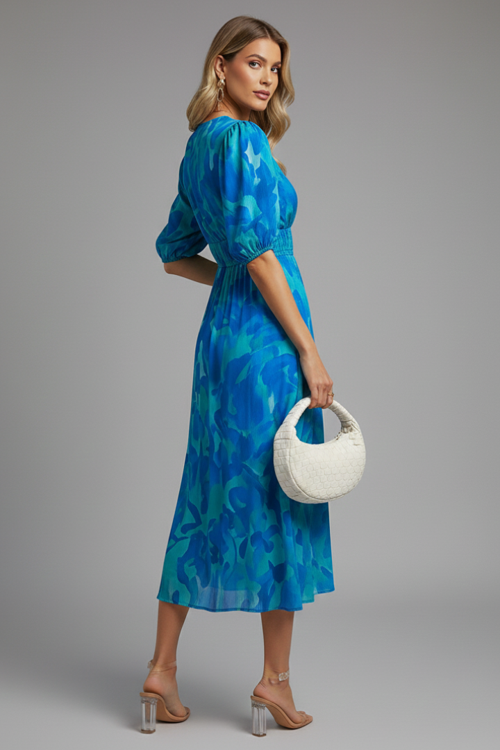Bianca | Dames Bloemen Puff Sleeve V-Hals Midi Jurk