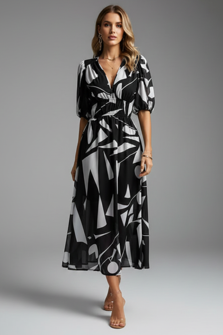 Bianca | Dames Bloemen Puff Sleeve V-Hals Midi Jurk
