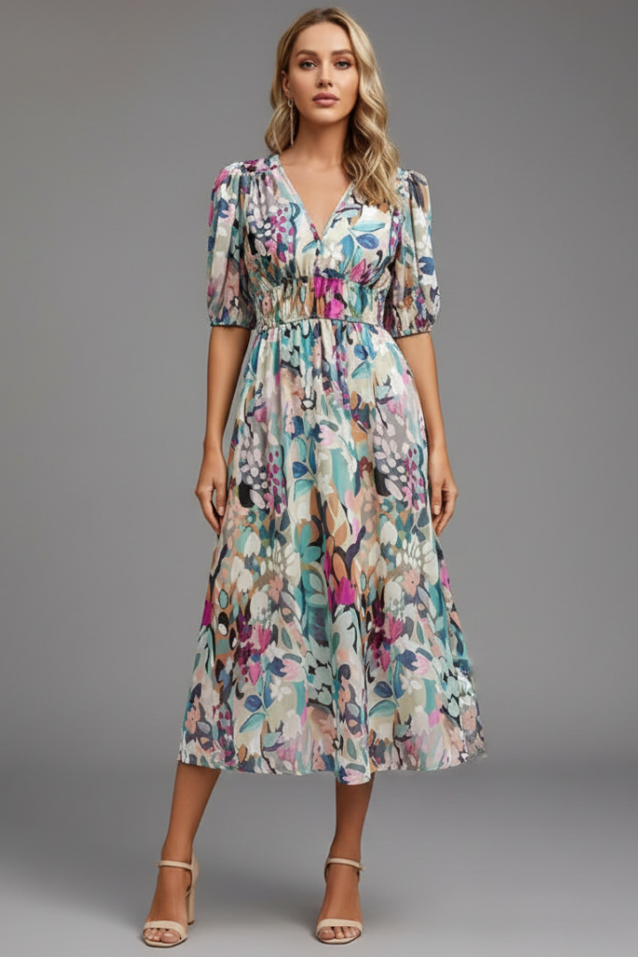 Bianca | Dames Bloemen Puff Sleeve V-Hals Midi Jurk