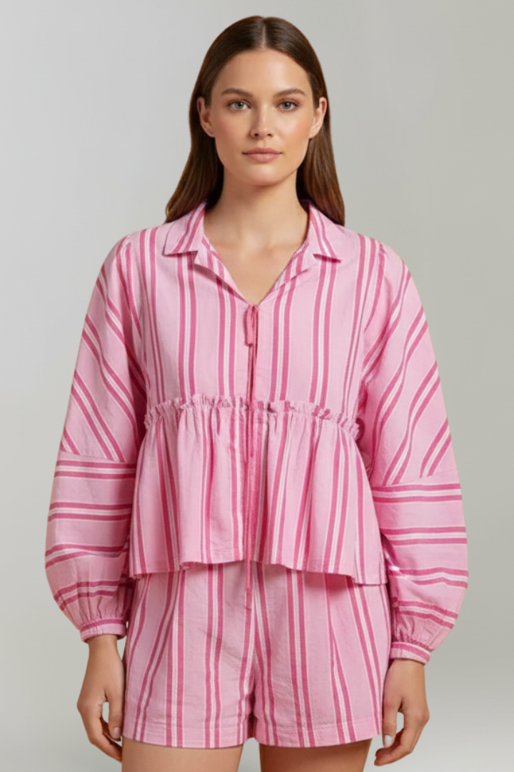 Elizabeth | Dames Gestreepte Lange Mouwen Korte Set