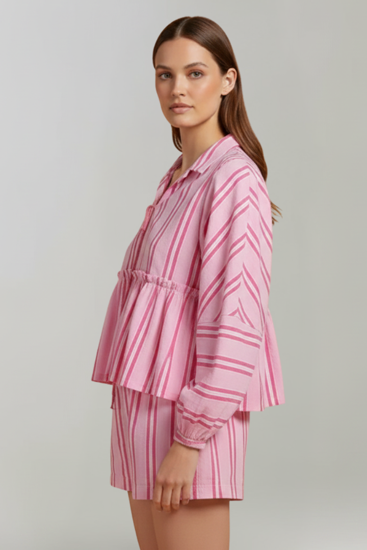 Elizabeth | Dames Gestreepte Lange Mouwen Korte Set