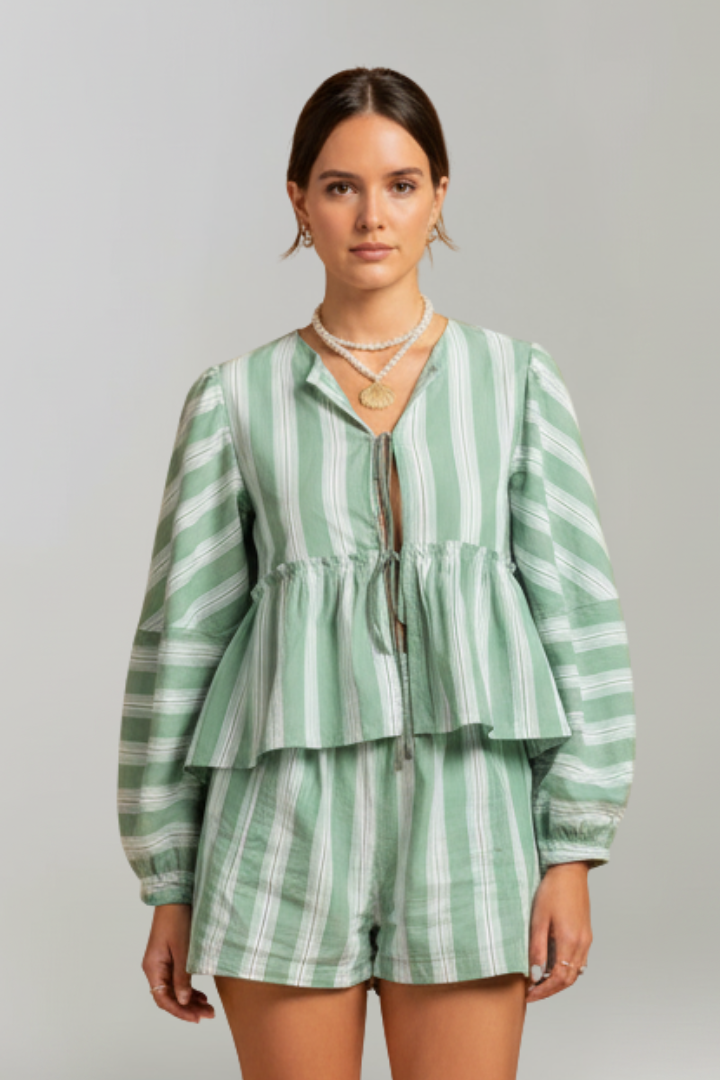 Elizabeth | Dames Gestreepte Lange Mouwen Korte Set