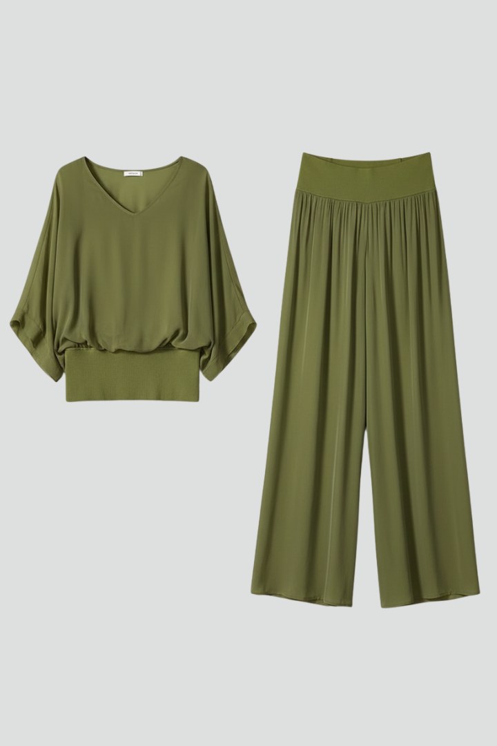 Natalie | Dames Chiffon Twee-delige Set met Wijde Pijpen