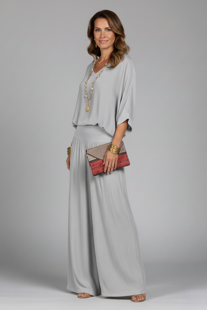 Natalie | Dames Chiffon Twee-delige Set met Wijde Pijpen