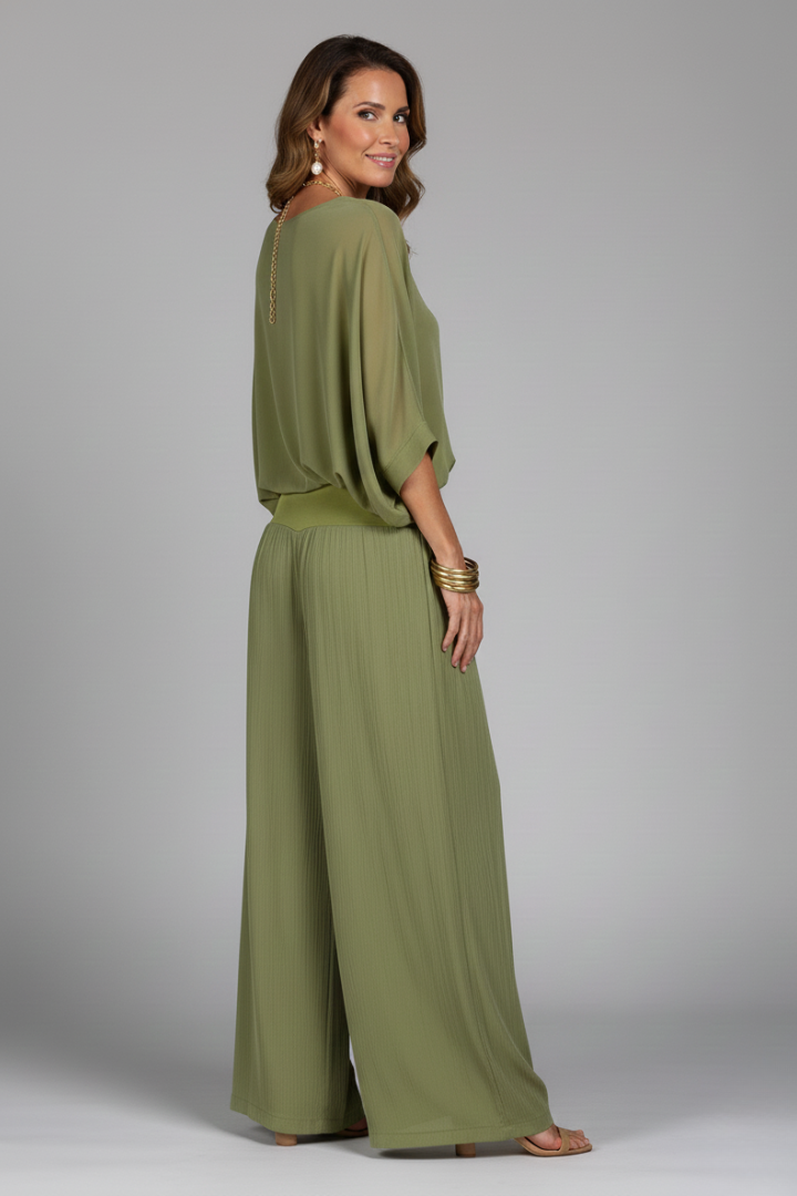 Natalie | Dames Chiffon Twee-delige Set met Wijde Pijpen