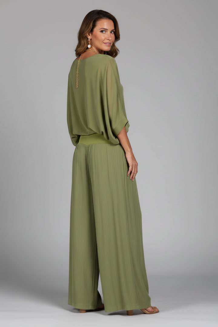Natalie | Dames Chiffon Twee-delige Set met Wijde Pijpen