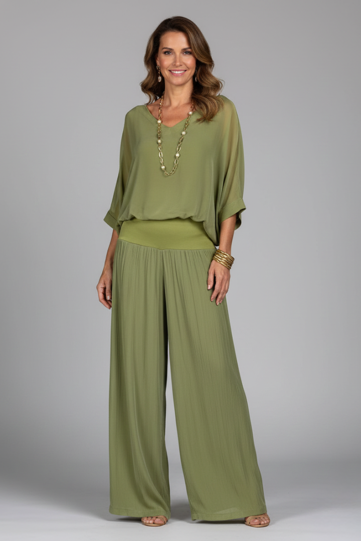 Natalie | Dames Chiffon Twee-delige Set met Wijde Pijpen