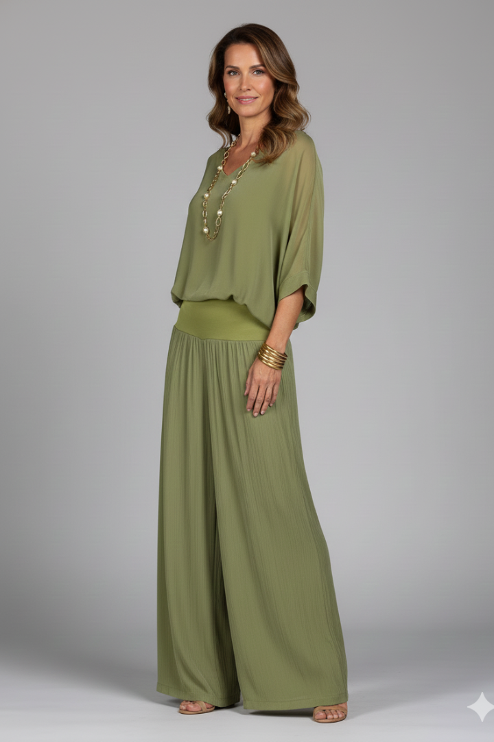 Natalie | Dames Chiffon Twee-delige Set met Wijde Pijpen