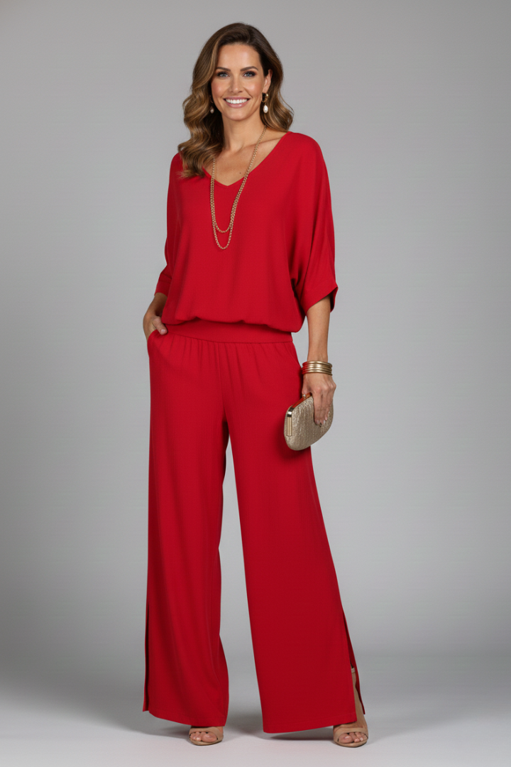 Natalie | Dames Chiffon Twee-delige Set met Wijde Pijpen
