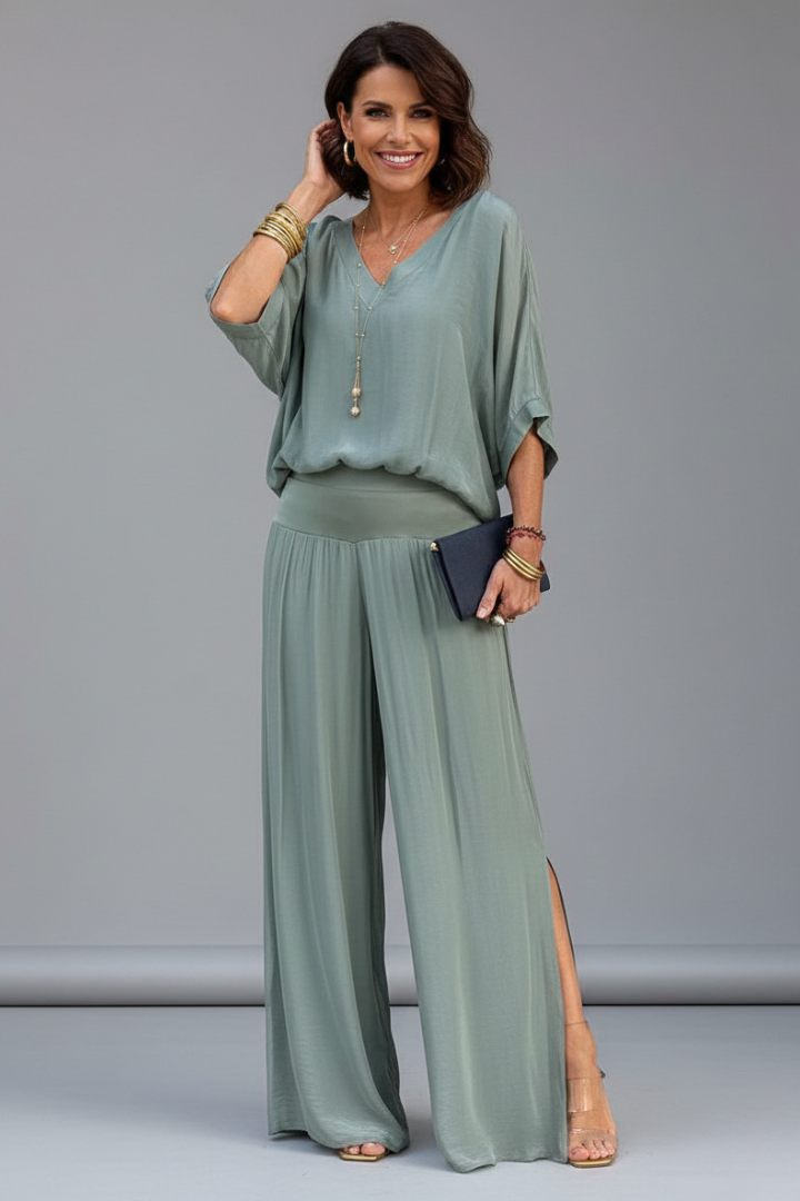 Natalie | Dames Chiffon Twee-delige Set met Wijde Pijpen