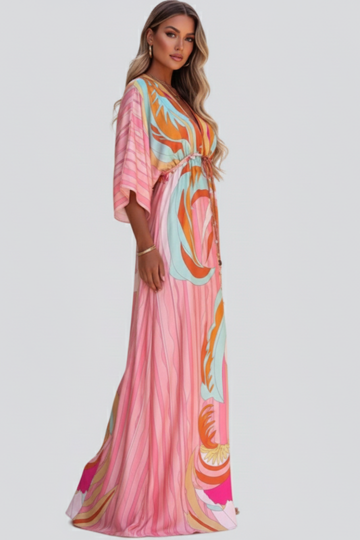 Ruby | Vrouwen Geprinte V-Hals Maxi Jurk met Ceintuur