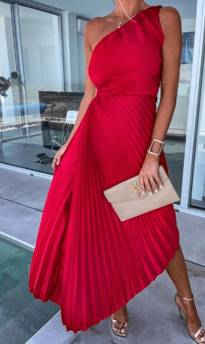Charlotte | Dames Bruidsgast Jurk Één Schouder Plissé Maxi Jurk
