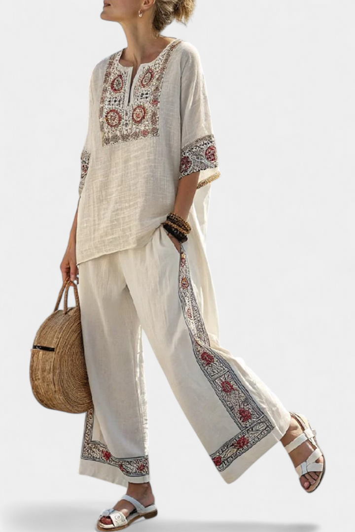 Tameric | Verfijnde Geborduurde Rauwe Blouse &amp; Wijde Broek