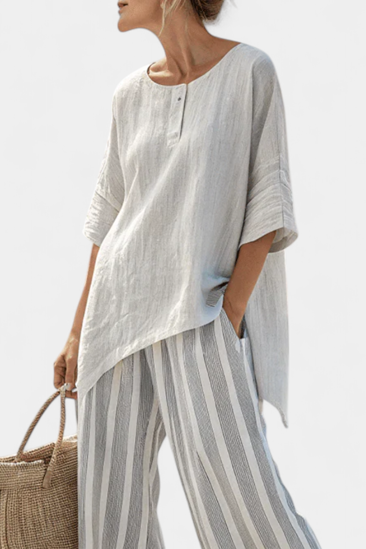 Talvora | Elegante Asymmetrische Blouse &amp; Gestreepte Broek