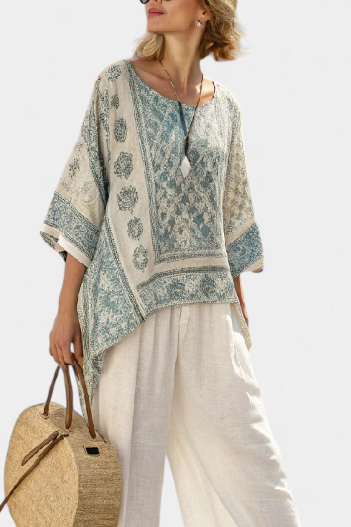 Quinley | Comfortabele Gedrukte Blouse &amp; Wijd-Pantalon in Wit