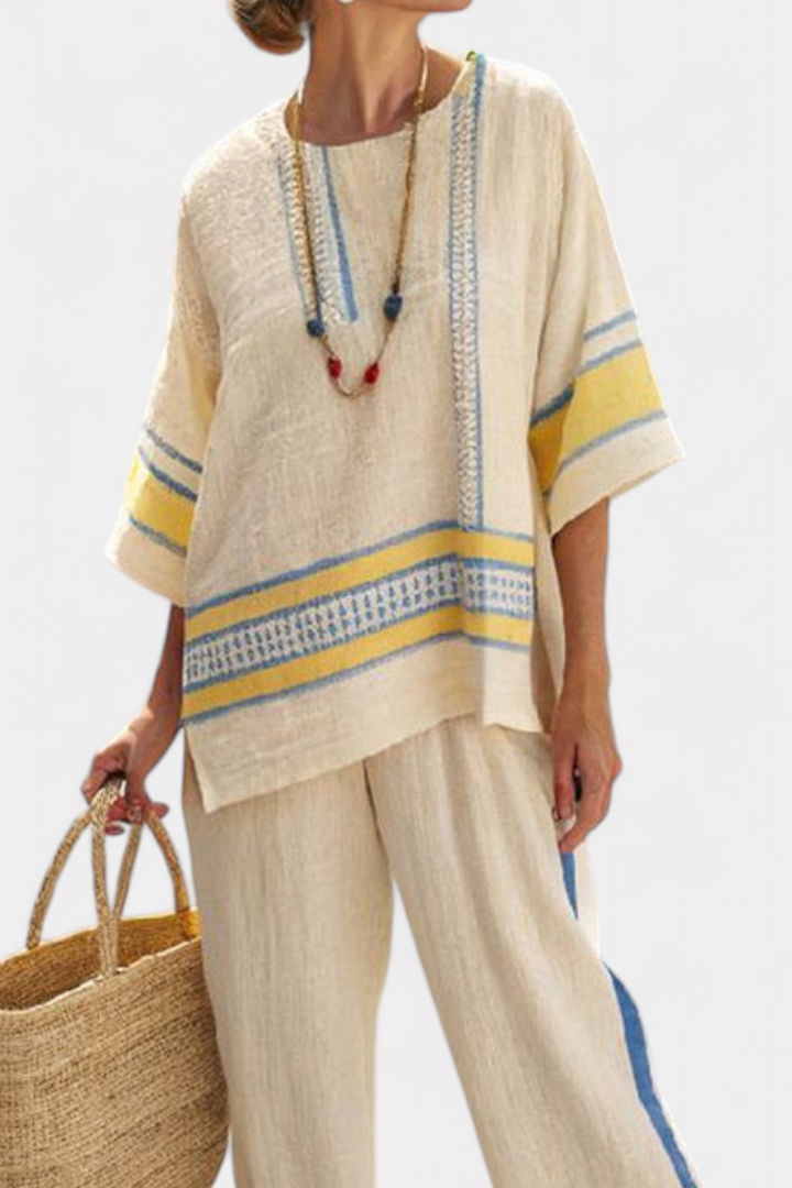 Jaxmere | Comfortabele Blauw-Geel Mediterraan Top &amp; Linnen Broek