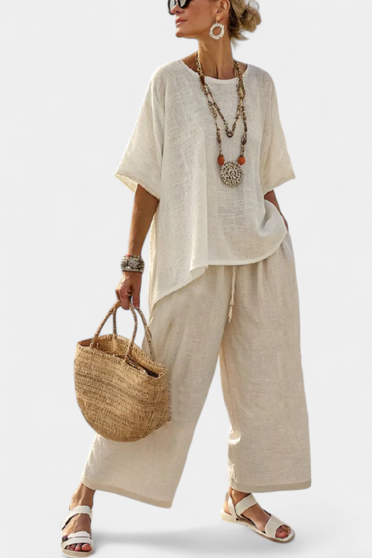 Drevon | Comfortabele Minimalistische Rauwe Blouse &amp; Wijde Broek