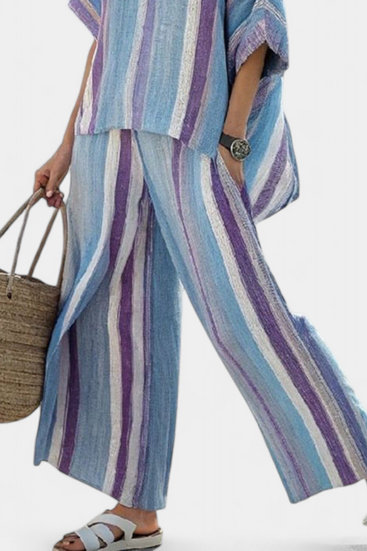 Faelith | Elegante Mauve Pastel Top &amp; Gestreepte Linnen Broek