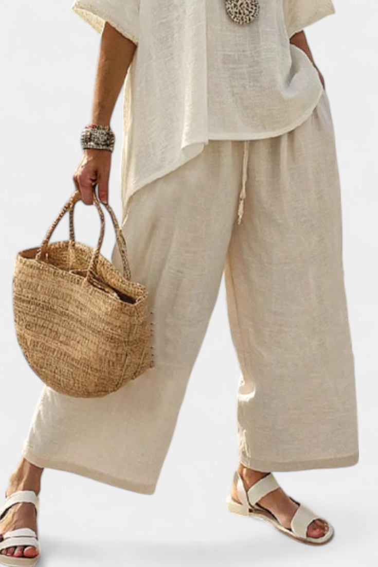 Drevon | Comfortabele Minimalistische Rauwe Blouse &amp; Wijde Broek