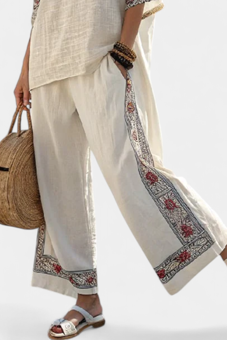 Tameric | Verfijnde Geborduurde Rauwe Blouse &amp; Wijde Broek