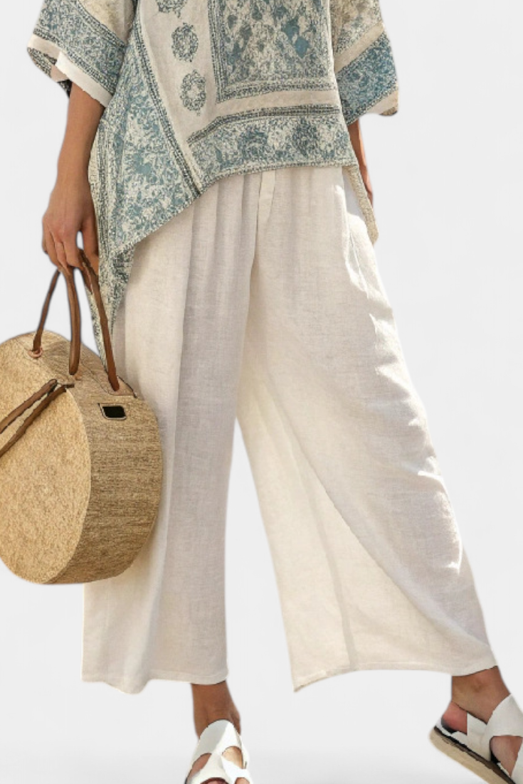 Quinley | Comfortabele Gedrukte Blouse &amp; Wijd-Pantalon in Wit