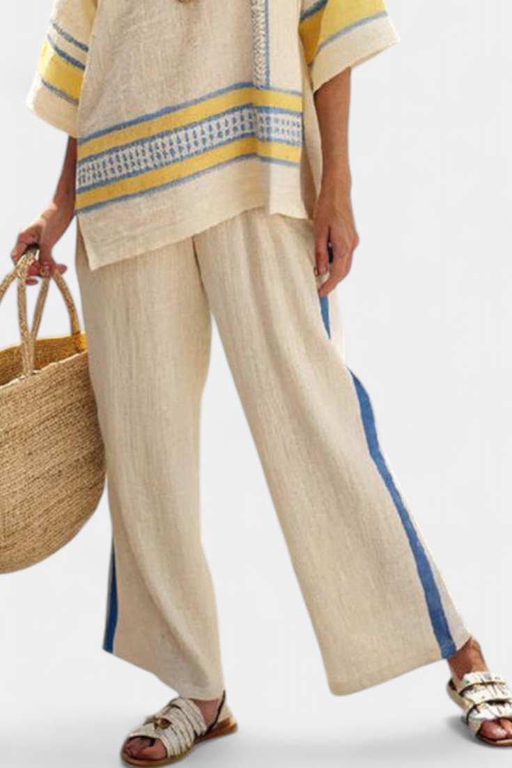 Jaxmere | Comfortabele Blauw-Geel Mediterraan Top &amp; Linnen Broek