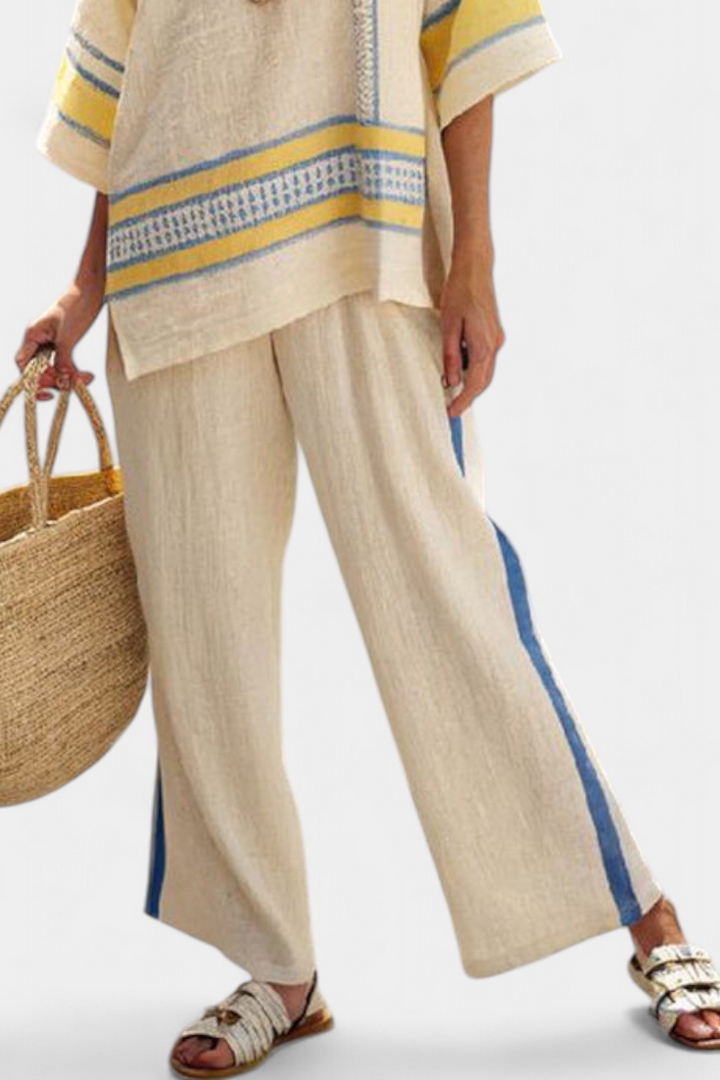 Jaxmere | Comfortabele Blauw-Geel Mediterraan Top &amp; Linnen Broek