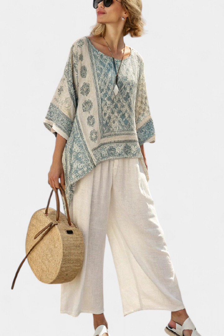 Quinley | Comfortabele Gedrukte Blouse &amp; Wijd-Pantalon in Wit