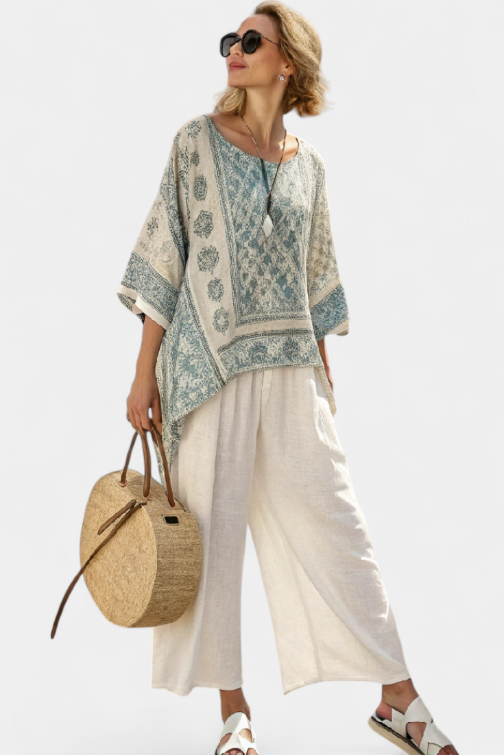 Quinley | Comfortabele Gedrukte Blouse &amp; Wijd-Pantalon in Wit