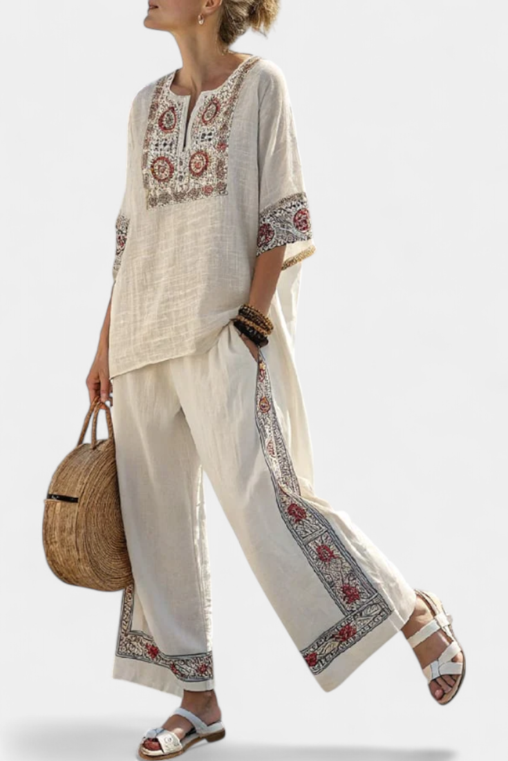 Tameric | Verfijnde Geborduurde Rauwe Blouse &amp; Brede Broek