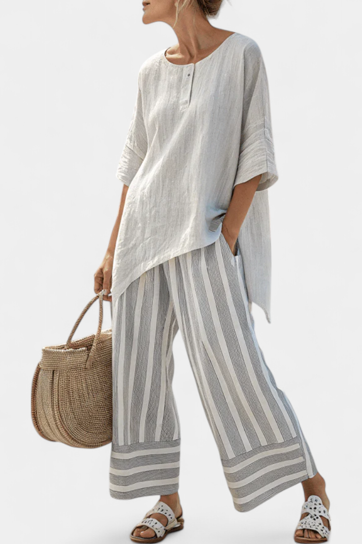 Talvora | Elegante Asymmetrische Blouse &amp; Gestreepte Broek