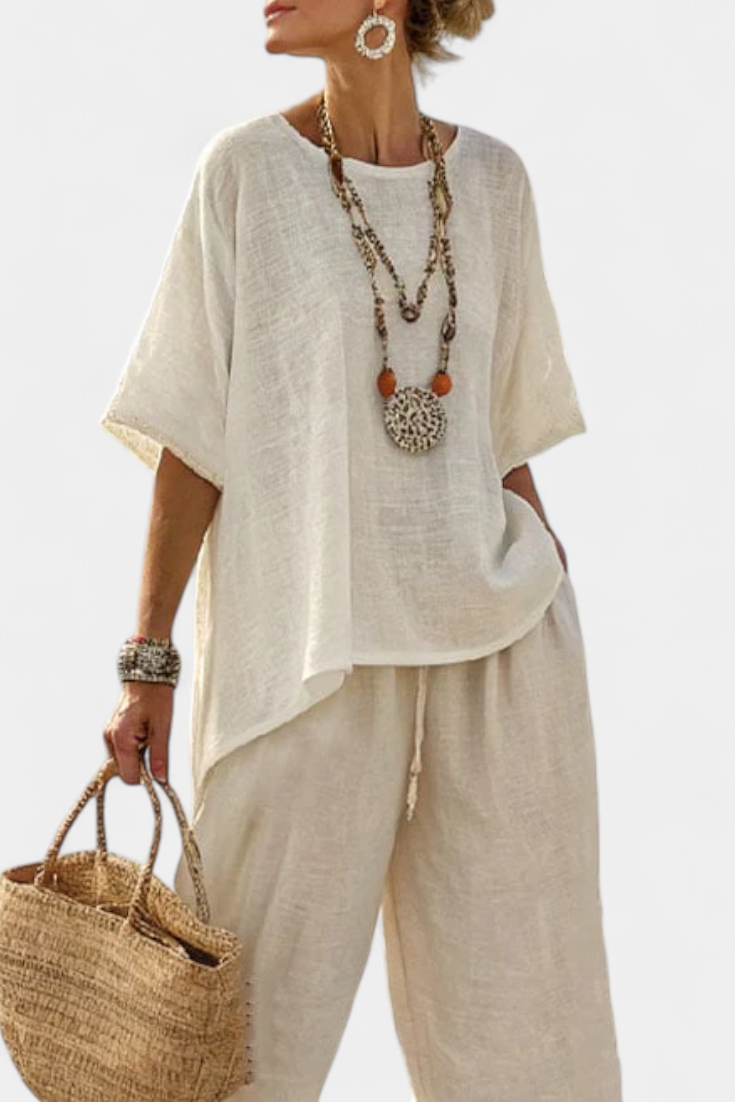 Drevon | Comfortabele Minimalistische Rauwe Blouse &amp; Wijde Broek