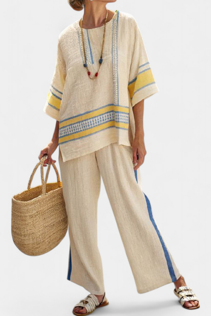 Jaxmere | Comfortabele Blauw-Geel Mediterraanse Top &amp; Linnen Broek