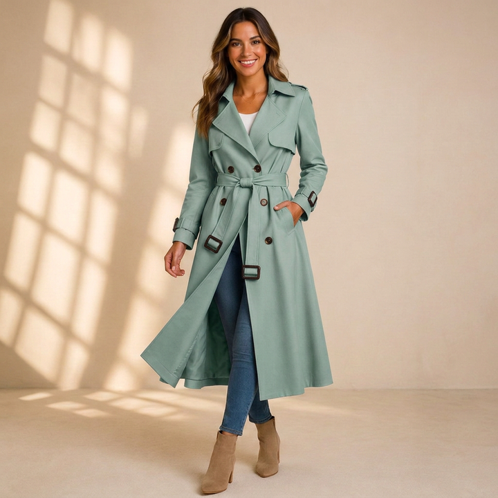 Dames Lange Dubbelrij Trenchcoat met Ceintuur