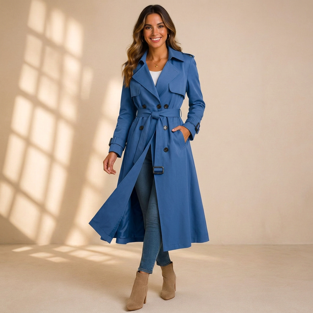 Dames Lange Dubbelrij Trenchcoat met Ceintuur
