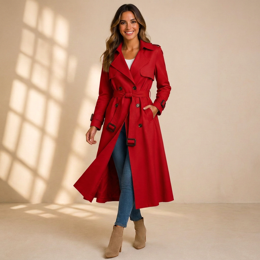 Dames Lange Dubbelrij Trenchcoat met Ceintuur